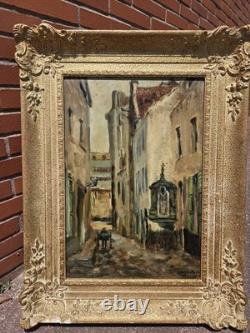 Tableau ancien signé Vue Ruelle Étroite Animèe. Peinture huile sur toile