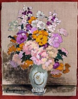 Tableau ancien signé charmant Bouquet de fleurs huile toile peinture ancienne