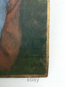 Tableau ancien signé, daté 1897, Huile sur panneau, Femme à la couture, XIXe