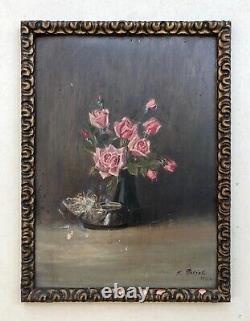 Tableau ancien signé et daté 1932, Bouquet de roses, Huile sur carton, Peinture