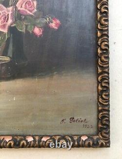 Tableau ancien signé et daté 1932, Bouquet de roses, Huile sur carton, Peinture