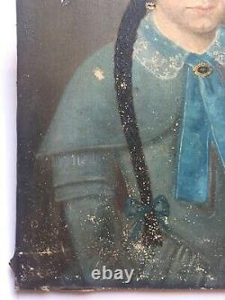 Tableau ancien signé et daté, Huile sur toile, Portrait de jeune fille, XIXe