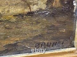 Tableau ancien signée BRUNE. Paysage. Peinture huile sur panneau de bois ancien