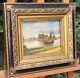 Tableau ancien signée Bord du Lac Animé Peinture huile sur panneau de bois