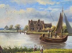 Tableau ancien signée Bord du Lac Animé Peinture huile sur panneau de bois