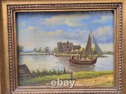 Tableau ancien signée Bord du Lac Animé Peinture huile sur panneau de bois
