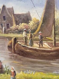 Tableau ancien signée Bord du Lac Animé Peinture huile sur panneau de bois