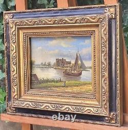 Tableau ancien signée Bord du Lac Animé Peinture huile sur panneau de bois
