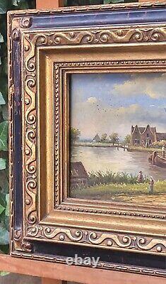 Tableau ancien signée Bord du Lac Animé Peinture huile sur panneau de bois