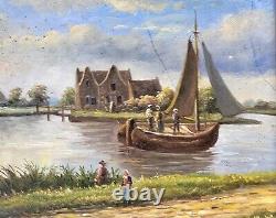 Tableau ancien signée Bord du Lac Animé Peinture huile sur panneau de bois