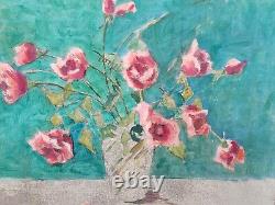Tableau ancien signée Bouquet de Fleurs dans un Vase Peinture huile sur toile