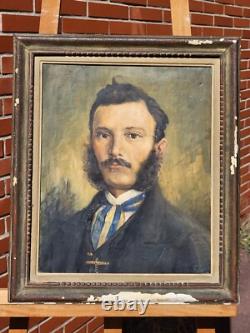 Tableau ancien signée. Portrait Homme. Peinture huile sur toile. Style XlX°