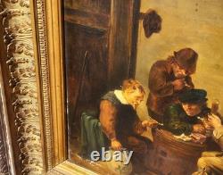Tableau ancien signée. Scène de Genre. Peinture huile sur panneau de bois. XIX°