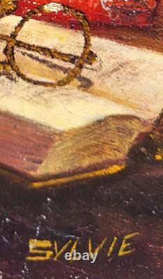 Tableau ancien signée Sylvie. LAMPE À PÉTROLE ET LIVRES Peinture huile sur toile