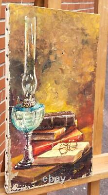 Tableau ancien signée Sylvie. LAMPE À PÉTROLE ET LIVRES Peinture huile sur toile