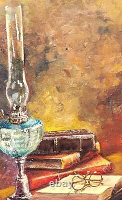 Tableau ancien signée Sylvie. LAMPE À PÉTROLE ET LIVRES Peinture huile sur toile