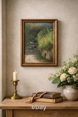 Tableau ancien vers 1880 Huile sur toile Paysage de chemin Cadre d'époque