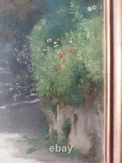 Tableau ancien vers 1880 Huile sur toile Paysage de chemin Cadre d'époque