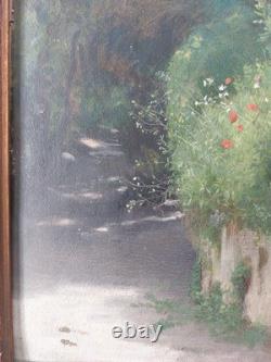 Tableau ancien vers 1880 Huile sur toile Paysage de chemin Cadre d'époque