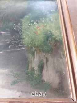 Tableau ancien vers 1880 Huile sur toile Paysage de chemin Cadre d'époque