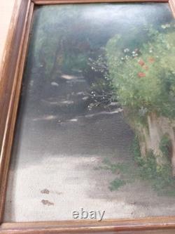 Tableau ancien vers 1880 Huile sur toile Paysage de chemin Cadre d'époque