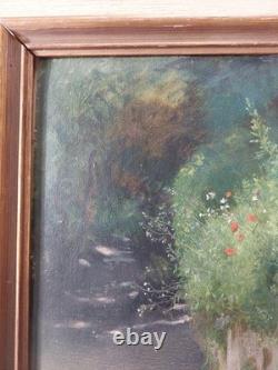 Tableau ancien vers 1880 Huile sur toile Paysage de chemin Cadre d'époque