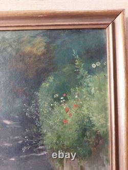 Tableau ancien vers 1880 Huile sur toile Paysage de chemin Cadre d'époque