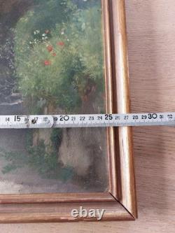 Tableau ancien vers 1880 Huile sur toile Paysage de chemin Cadre d'époque
