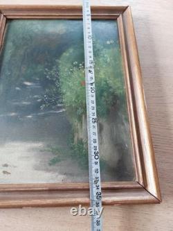 Tableau ancien vers 1880 Huile sur toile Paysage de chemin Cadre d'époque