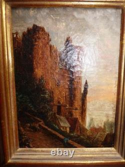 Tableau ancienne peinture huile sur toile vue d'un château 19ème
