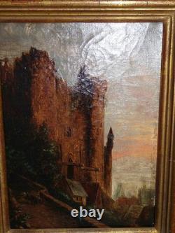 Tableau ancienne peinture huile sur toile vue d'un château 19ème