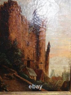 Tableau ancienne peinture huile sur toile vue d'un château 19ème