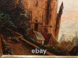 Tableau ancienne peinture huile sur toile vue d'un château 19ème