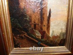 Tableau ancienne peinture huile sur toile vue d'un château 19ème