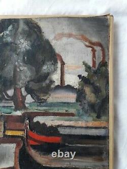 Tableau cubiste ancien 1920 Marine Paysage Oil Cubist Painting à identifier 1900