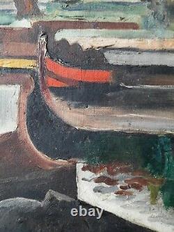 Tableau cubiste ancien 1920 Marine Paysage Oil Cubist Painting à identifier 1900
