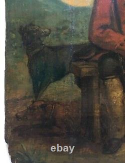 Tableau de chasse ancien, Huile sur panneau, La pause du chasseur, XVIIIe