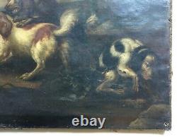 Tableau de chasse ancien, Huile sur toile, Meute de chiens face au loup, XVIIIe