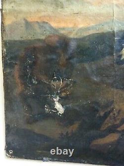 Tableau de chasse ancien, Huile sur toile, Meute de chiens face au loup, XVIIIe