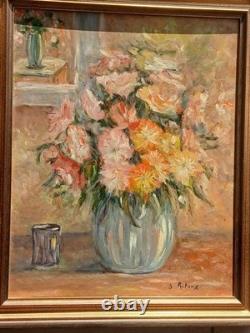 Tableau fleurs ancien bouquet fleurs au vase bleusig B. RETAUX