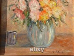 Tableau fleurs ancien bouquet fleurs au vase bleusig B. RETAUX