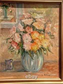 Tableau fleurs ancien bouquet fleurs au vase bleusig B. RETAUX