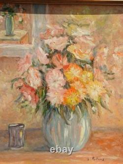 Tableau fleurs ancien bouquet fleurs au vase bleusig B. RETAUX
