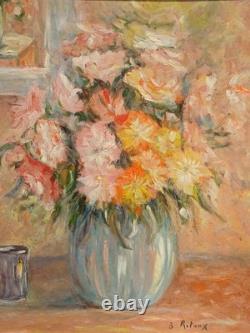 Tableau fleurs ancien bouquet fleurs au vase bleusig B. RETAUX