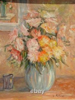 Tableau fleurs ancien bouquet fleurs au vase bleusig B. RETAUX