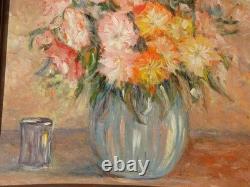 Tableau fleurs ancien bouquet fleurs au vase bleusig B. RETAUX
