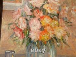 Tableau fleurs ancien bouquet fleurs au vase bleusig B. RETAUX