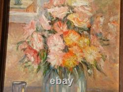 Tableau fleurs ancien bouquet fleurs au vase bleusig B. RETAUX