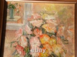 Tableau fleurs ancien bouquet fleurs au vase bleusig B. RETAUX
