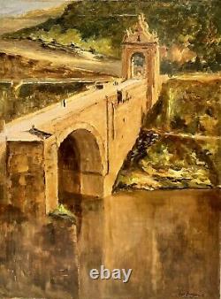 Tableau huile ancien, Le Pont D' Alcantara En Espagne